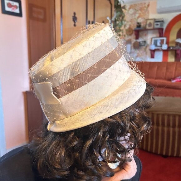 1960s peach basket MOD brown and grey striped birdcage veil hat - made in the us - Picture 9 of 14
